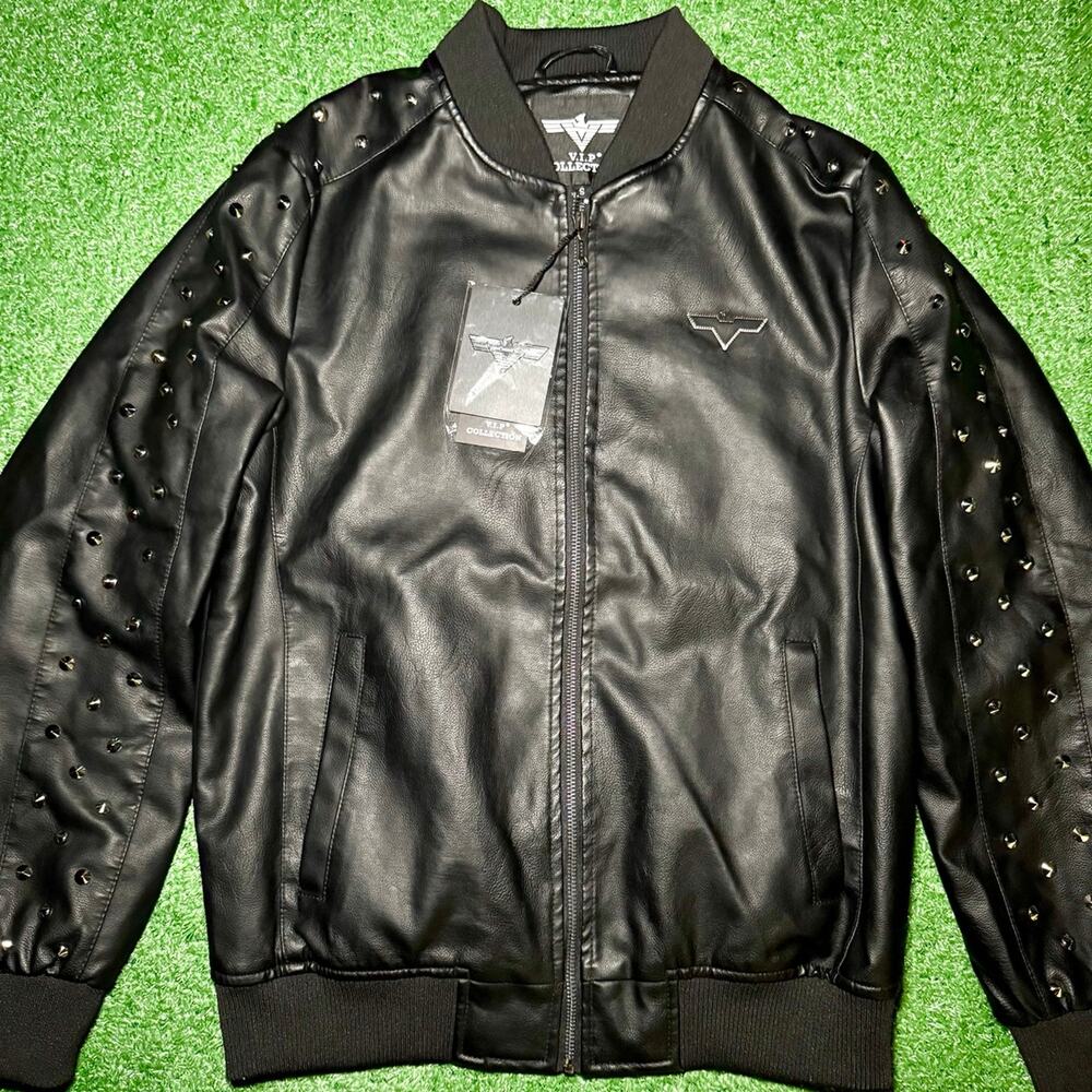 V.I.P. Collection Black Faux Leather Studded Bomber Jacket New With Sealed Tags